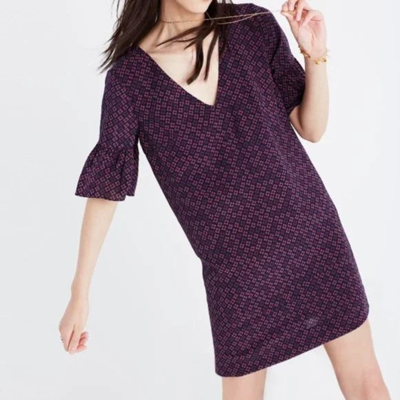 Madewell Purple, Pink & Navy Bell Sleeve Silk Mini Dress - Picture 6 of 8